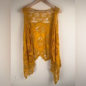 JASTIE Women's Open Knit Crochet Sleeveless Cardigan Dark Yellow Solid Vest MEAS